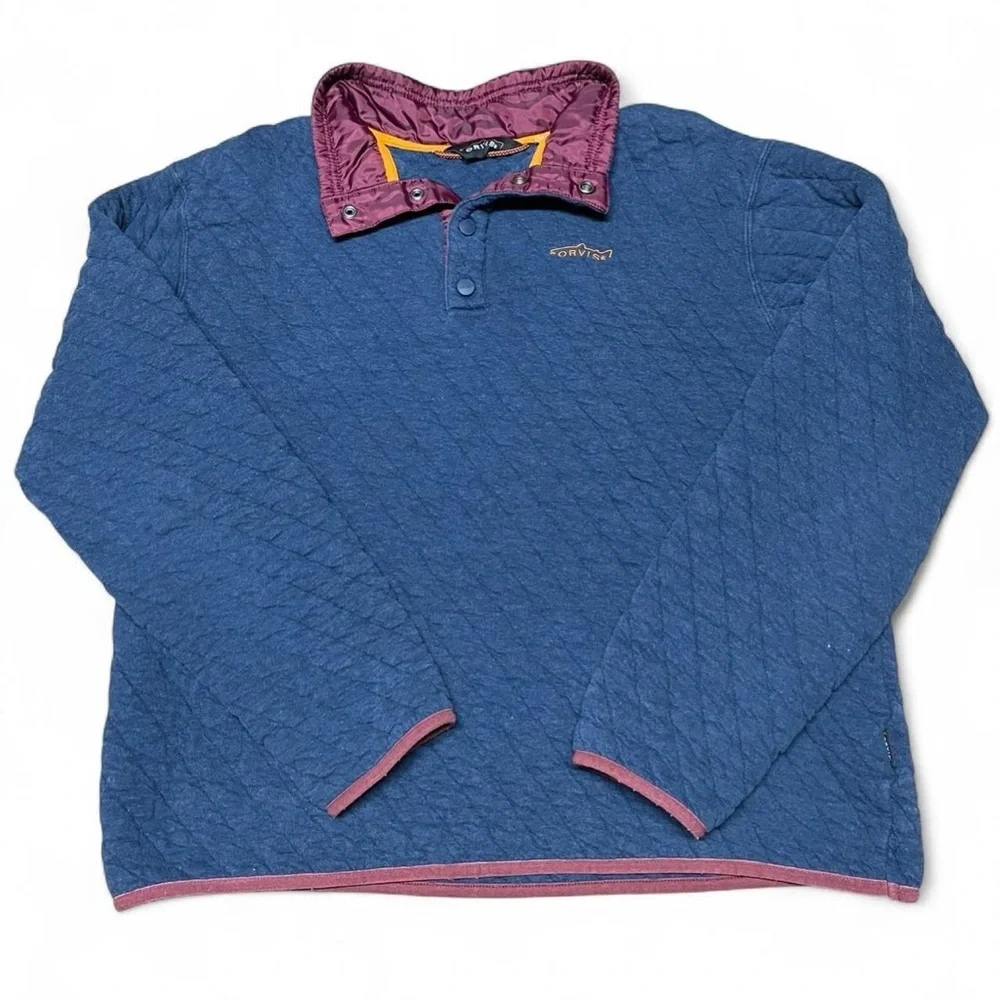 Orvis Trout Bum Quilted Pullover Jacket Shirt Blue Mens Large Snap Button Casual